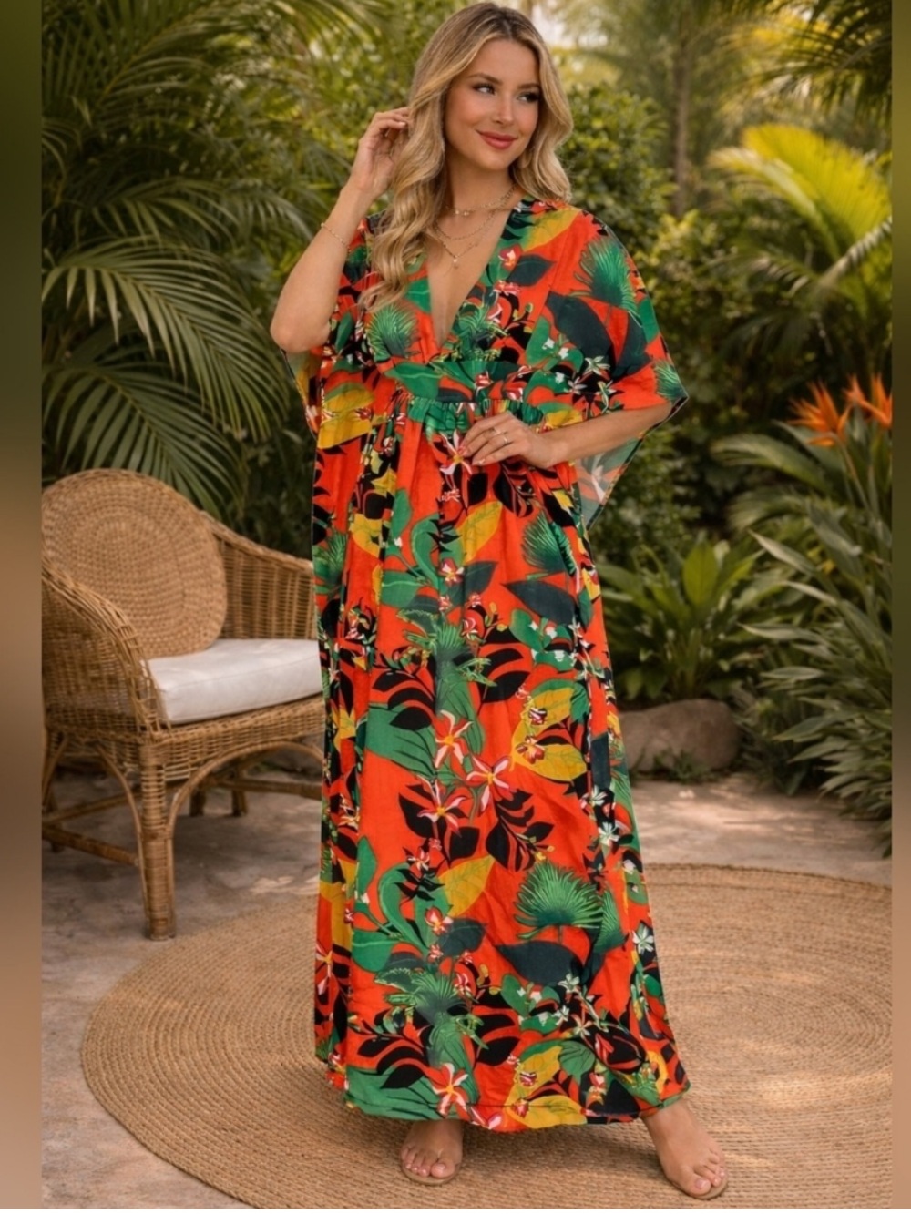 INC International Concepts Tropical Print Caftan Maxi Dress Orange Green Size 1X